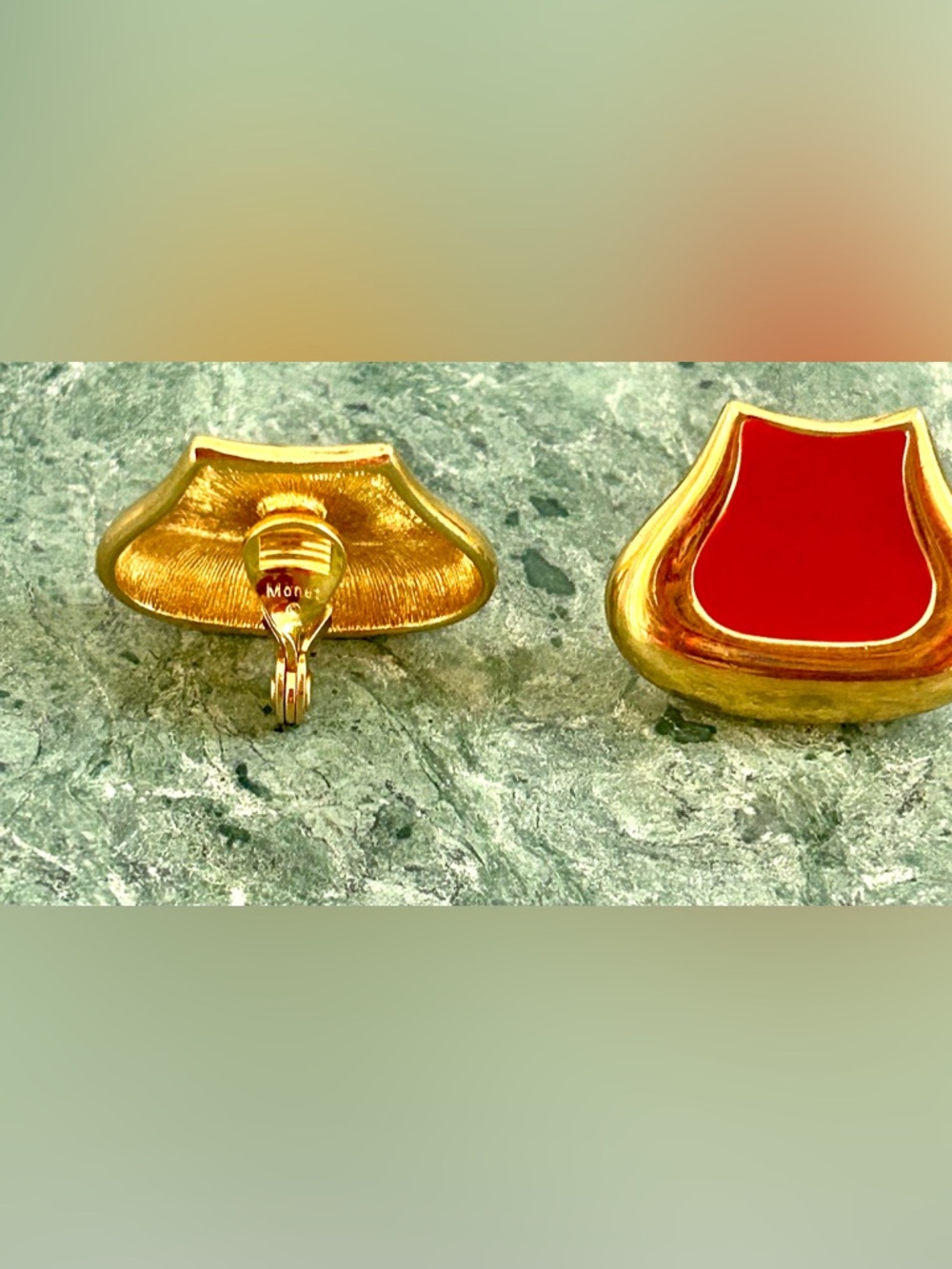 Vintage Monet Red Enamel gold plated Clip-OnEarrings 70- 80s Statement - Picture 2 of 9